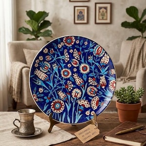 Puede incluir: Un plato decorativo de cerámica con un vibrante diseño floral en tonos azules, rojos y blancos. El plato se exhibe sobre un soporte de madera. Una etiqueta dice "HANDMADE IN IZMIK - CERAMIC ARTS". Una pequeña taza y platillo plateados están sobre la mesa.