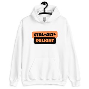 May include: White hooded sweatshirt with the text "CTRL+ALT+DELIGHT" in orange and black. The sweatshirt has a front pocket and is hanging on a black hanger.