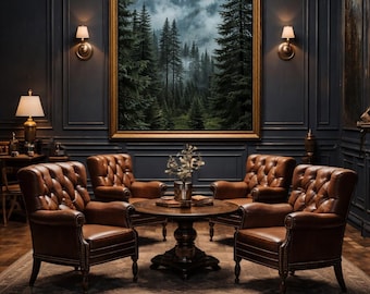 Misty Mountain Forest Printable Wall Art, Moody Evergreen Landscape, Nature Art Download