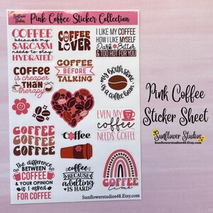 Pink Coffee Sticker Sheet, Waterproof, Stickers for Water Bottle, Laptop, Phone, Planner and Journaling