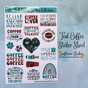 Teal Coffee Sticker Sheet, Waterproof, Stickers for Water Bottle, Laptop, Phone, Planner and Journaling