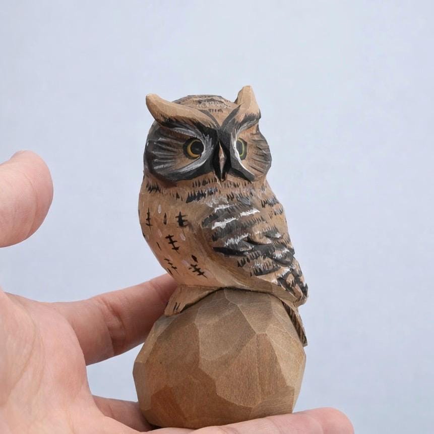 Hand Carved Wooden Owl Figurine, Hand Painted Owl Sculpture, Small Wood Animal Desk Decor, Rustic Wo