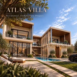 May include: A two-storey modern villa with beige stone walls, large glass windows, and wood accents. The exterior features a rectangular swimming pool, a patio with lounge chairs, and a black car parked on the side. Text reads ATLAS VILLA Residential Architecture Project and WORLD ARCH JOURNAL.