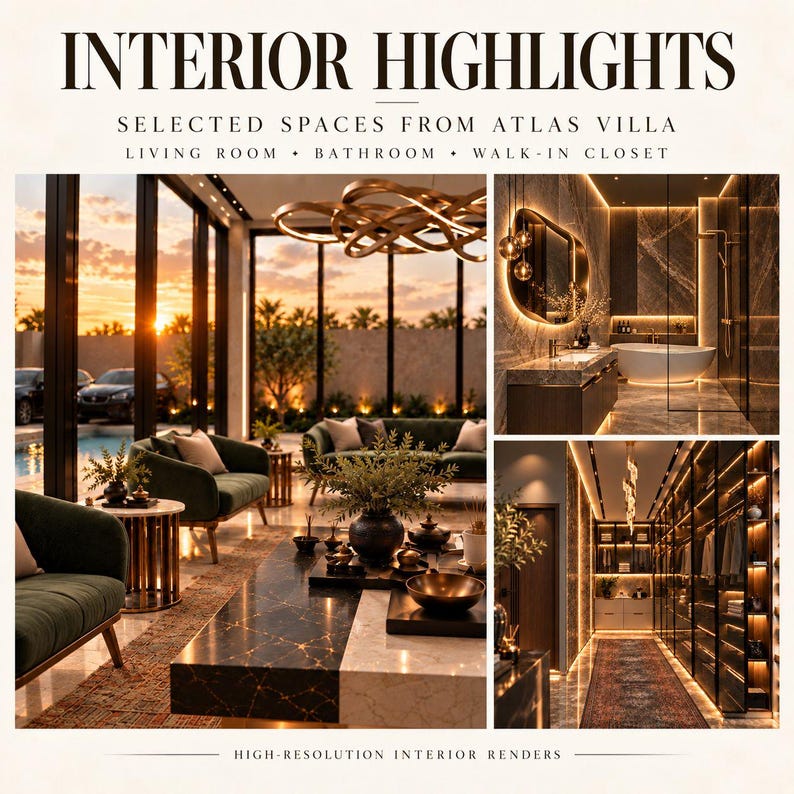 May include: A collage titled INTERIOR HIGHLIGHTS SELECTED SPACES FROM ATLAS VILLA featuring a living room with green sofas, a bathroom with a white tub and marble walls, and a walk-in closet with illuminated shelving and a long rug.