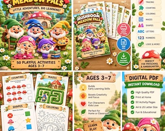 May include: A digital activity book titled Mushroom Meadow Pals featuring 50 playful activities for ages 3-7. The set includes printable pages for tracing, counting, colouring, mazes, shapes, letters, and numbers, available as an instant PDF download.