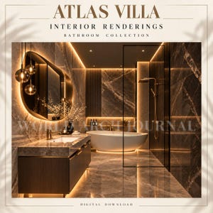 May include: An interior rendering of a bathroom titled ATLAS VILLA INTERIOR RENDERINGS BATHROOM COLLECTION. It features a dark marble vanity, a white oval freestanding bathtub, a backlit organic-shaped mirror, and a glass-enclosed shower.
