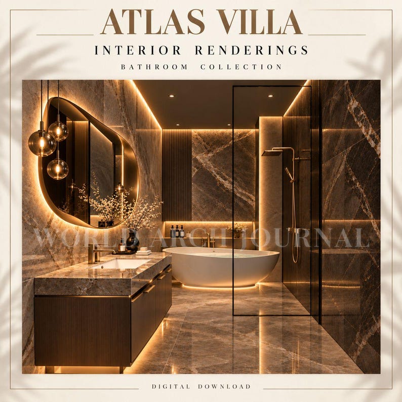 May include: An interior rendering of a bathroom titled ATLAS VILLA INTERIOR RENDERINGS BATHROOM COLLECTION. It features a dark marble vanity, a white oval freestanding bathtub, a backlit organic-shaped mirror, and a glass-enclosed shower.
