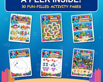 May include: A collection of six activity pages featuring a mermaid theme with the text A PEEK INSIDE! 30 FUN-FILLED ACTIVITY PAGES. The pages include Count the Ocean Treasures, Coral Reef Maze, Spot the 5 Differences, Dot-to-Dot Dolphin, Simple Addition, and Hidden Picture Hunt.