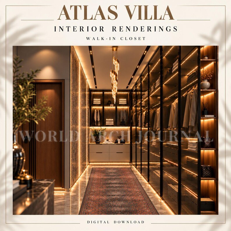 May include: An interior rendering of a walk-in closet labelled ATLAS VILLA INTERIOR RENDERINGS WALK-IN CLOSET. The space features floor-to-ceiling glass-fronted cabinets with warm LED lighting, a central spiral chandelier, and a patterned runner rug.
