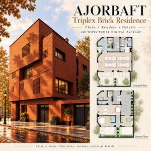 May include: An architectural digital package titled AJORBAFT Triplex Brick Residence featuring a red brick building with geometric window patterns and two detailed floor plans labeled Ground Floor and Second Floor with technical details.