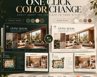 May include: An interior design presentation template featuring 25 editable slides in forest green and warm beige colour schemes. The layout displays living room and bathroom concepts with text, floor plans, and imagery, including a PowerPoint file.