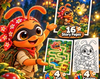 May include: A digital illustration of an orange insect character wearing a red floral bandana and a green backpack, accompanied by three inset images showing 16 story pages, 4 fun activities, and 4 colouring pages with colourful pencils.