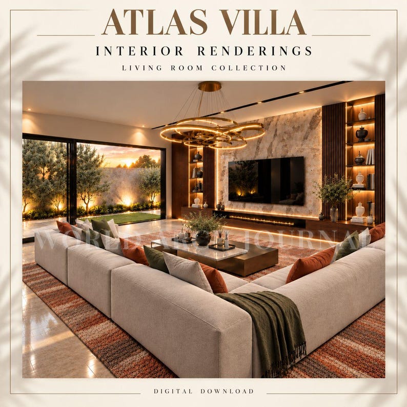 May include: An interior rendering of a living room titled ATLAS VILLA INTERIOR RENDERINGS LIVING ROOM COLLECTION. The room features a large beige sectional sofa with orange and green pillows, a modern gold chandelier, a television, and shelving.