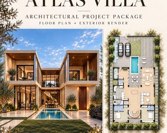 Moderne villa-huisplannen in PDF | Luxe woning met twee verdiepingen en zwembad | Architectuurtekeningen, interieur- en exterieurvisualisaties, bouwdetails