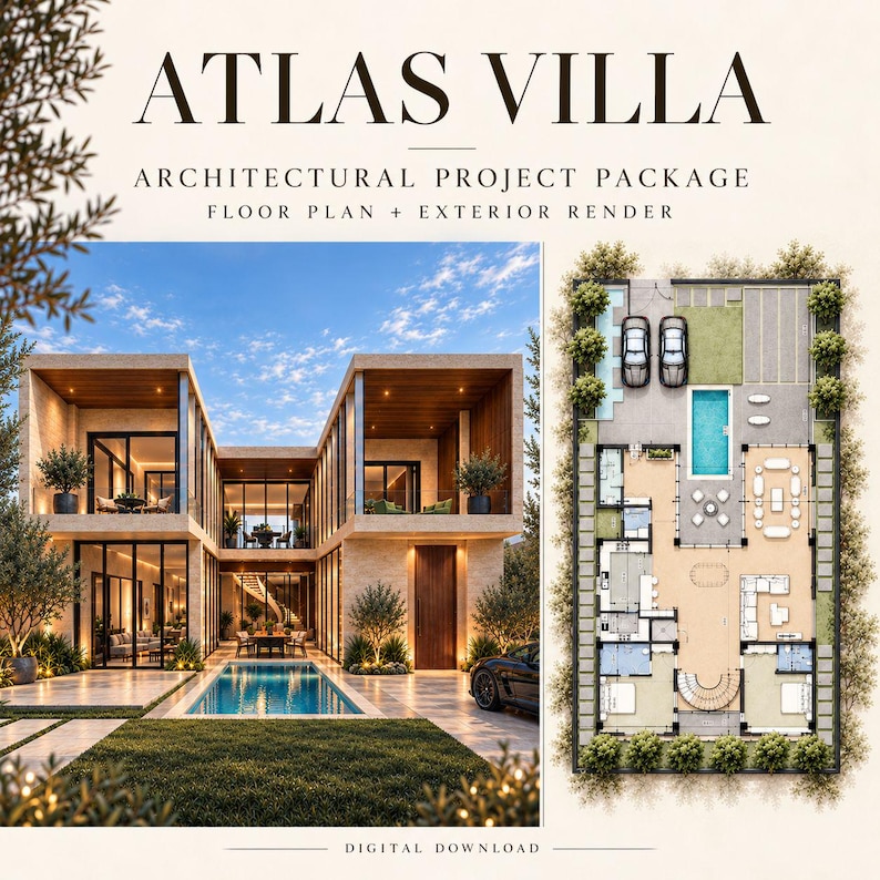 May include: An architectural project package titled ATLAS VILLA featuring a floor plan and exterior render. The image displays a two-storey modern house with a swimming pool, large glass windows, and a detailed top-down layout of the property.