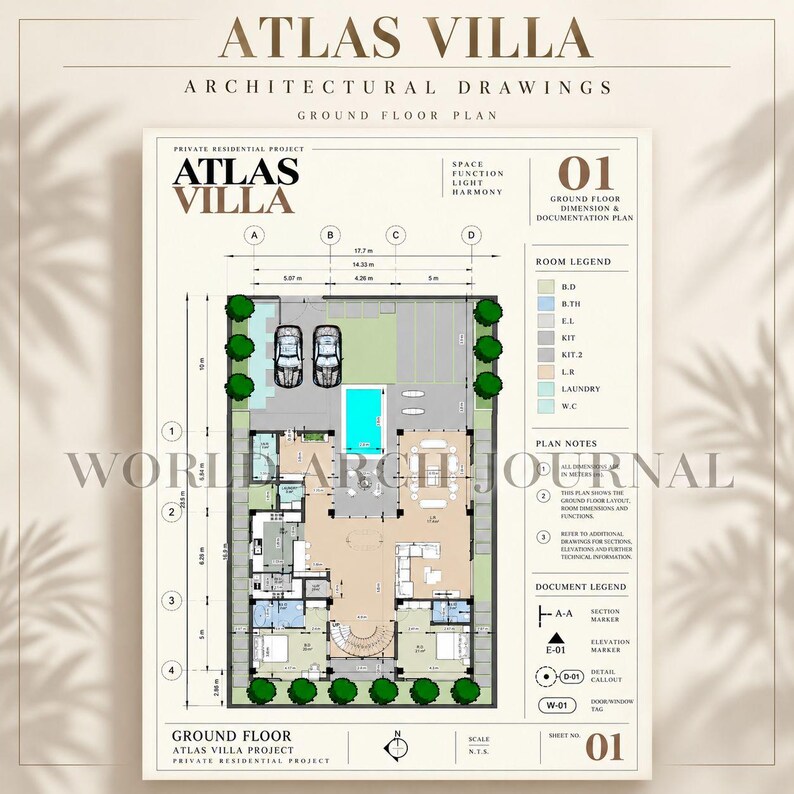 May include: An architectural floor plan for the Atlas Villa project, featuring a ground floor layout with a pool, garage, and room legend. The document includes technical dimensions in metres, section markers, and detailed room labels on a white background.