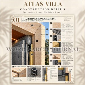 May include: An architectural technical sheet titled Atlas Villa Construction Details, displaying a cross-section of light beige travertine stone cladding, metal brackets, thermal insulation, and concrete substrate with numbered callouts.