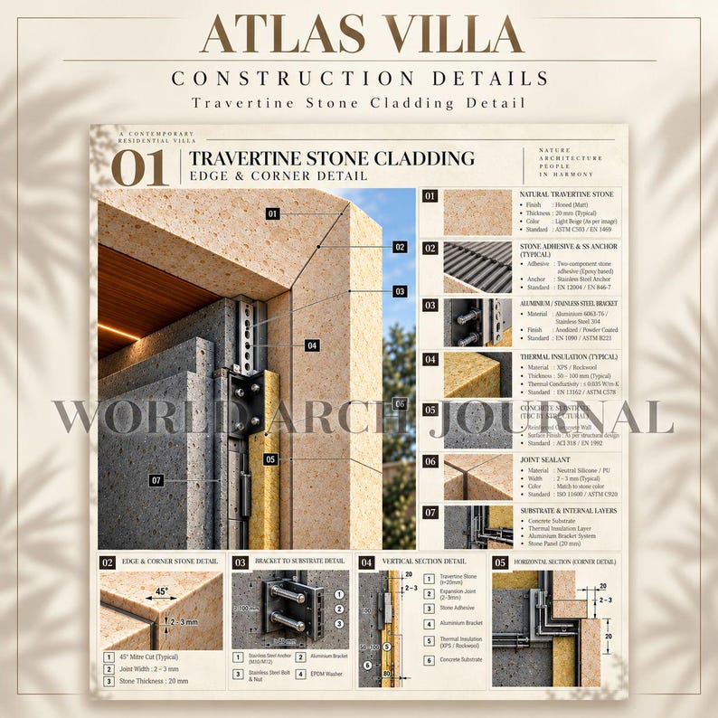 May include: An architectural technical sheet titled Atlas Villa Construction Details, displaying a cross-section of light beige travertine stone cladding, metal brackets, thermal insulation, and concrete substrate with numbered callouts.