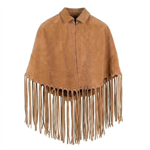 Genuine Suede Leather Fringe Cape – Western Boho Poncho in Camel or Off-White