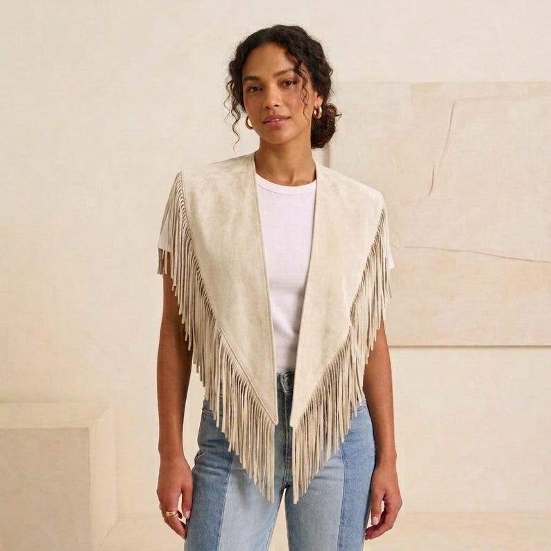 May include: A beige suede vest featuring a V-neckline and long fringe detailing along the front edges. The vest is worn over a plain white short-sleeved t-shirt and blue denim jeans, creating a layered look with a textured finish.