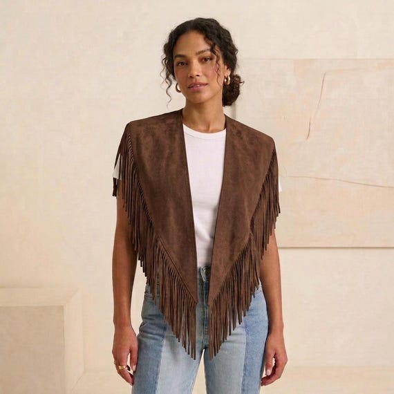 Genuine Suede Fringe Cape, Boho Western Fringe Vest, Cowgirl Festival Poncho, Leather Tassel Shawl, Handmade Clothing
