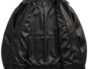 90s Vintage Black Leather Bomber Jacket – Retro Boxy Fit