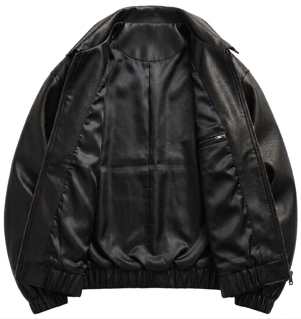90s Vintage Black Leather Bomber Jacket – Retro Boxy Fit