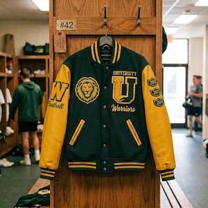 Peut inclure: Une veste universitaire vert foncé et jaune avec un emblème de tête de lion, le texte University Warriors, une grande lettre U et le mot Football. Les manches sont jaunes avec des poignets rayés, et la manche gauche affiche les années 2022, 2023 et 2024.