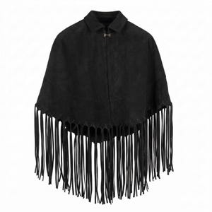 May include: A black suede poncho featuring a classic collar, a single silver-toned metal clasp closure at the neckline, and a wide hemline adorned with long, thin, matching black fringe detailing that hangs down from the bottom edge of the garment.