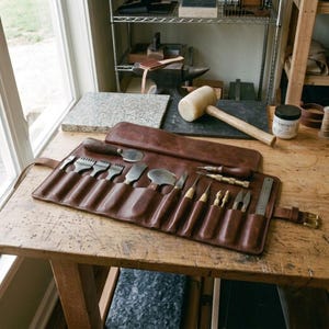 Personalized Leather Tool Roll Organizer, Custom Engraved Leather Chisels Holder, Handmade Craftsman Tool Storage Case, Leatherworker Gift