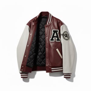 Anpassad Letterman-jacka – Rödbrun läderbombjacka i Varsity-modell, personlig retrokollegi