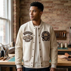May include: A cream-colored varsity jacket featuring a snap-button front closure and ribbed cuffs. The chest displays two embroidered patches: one on the left depicting a motorcycle with the text TRADITION, and one on the right showing a skull with SKULL RIDERS.