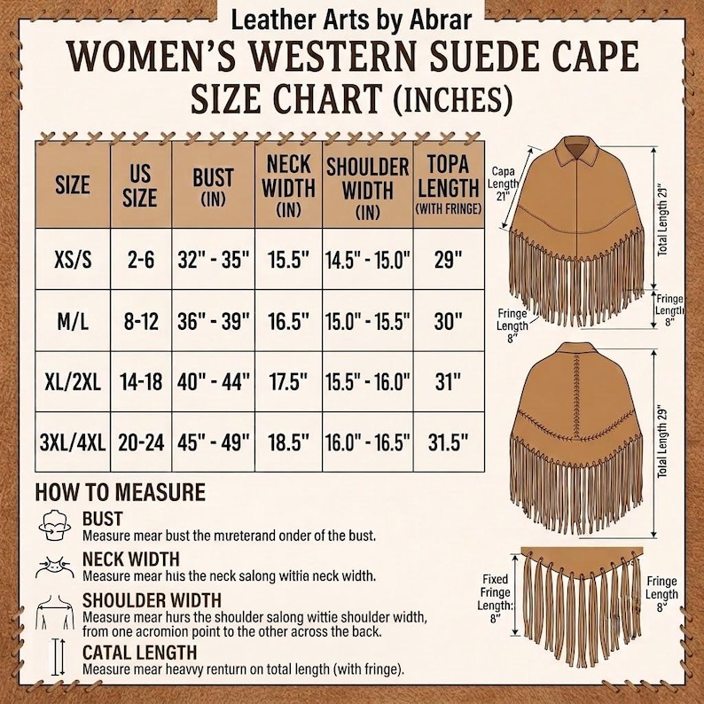 May include: A size chart for a western suede cape by Leather Arts by Abrar. The chart lists US sizes, bust, neck width, shoulder width, and total length in inches. It includes illustrations of the cape with fringe and instructions on how to measure.