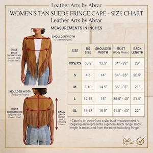 May include: A tan suede fringe cape shown from front and back views with a size chart titled Leather Arts by Abrar. The chart lists measurements in inches for shoulder width, bust circumference, and back length for sizes XXS/XS through XL.