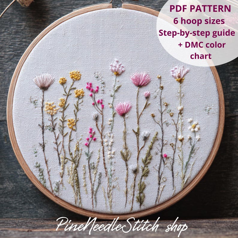 Wildflower Embroidery Pattern PDF, Floral Meadow Hoop Design, Beginner ...