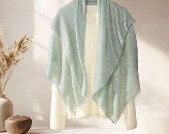 Wool Square Scarf, Thin Wool Shawl, Elegant Floral Wrap