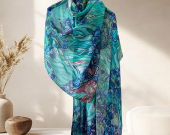 Mulberry Silk Scarf, Large Floral Artistic Wrap, Elegant Thin Shawl 43x69"