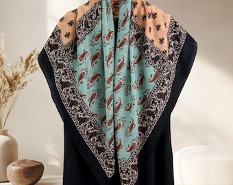 Grid Cashew Wool Square Scarf 100x100cm, Thin Water-Soluble Wool Shawl