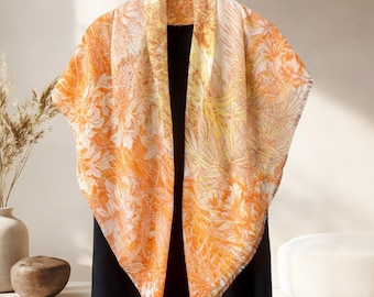 Thin Wool Square Scarf, Orange Botanical Wrap 100x100cm, Water-Soluble Wool Shawl