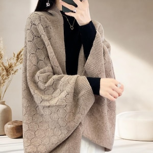 100% Wool Hollow Shawl Cardigan, Diamond Knit Wool Overcoat, Camel 2in1 Scarf