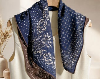 Silk Wool Square Scarf, Small Neck Scarf 25.6x25.6", Artistic Floral Necktie 65x65cm