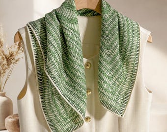Silk Wool Square Scarf 26", Green Small Elegant Neck Scarf 65x65cm