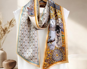 Mulberry Silk Long Ribbon Scarf, Tribal Dances Skinny Neck Scarf 6.3×59", Elegant Silk Scarf