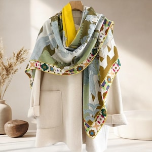 Grande écharpe en laine et soie 53 x 135 cm, châle Palace jaune-vert, emballage de voyage de style vintage