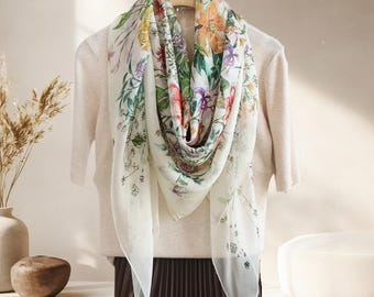 Mulberry Silk Chiffon Scarf 135cmx53", Summer Floral Shawl Sea Dream Lightweight Wrap