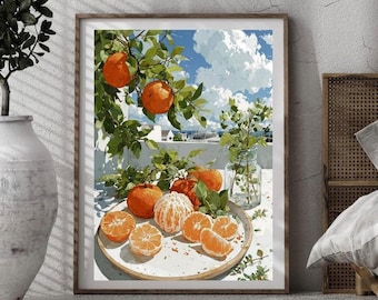 Orange Wandkunst, mediterranes Küchen Poster, bunte Obst Illustration, rustikales Esszimmer Dekor, lebhaftes Essen Kunstwerk
