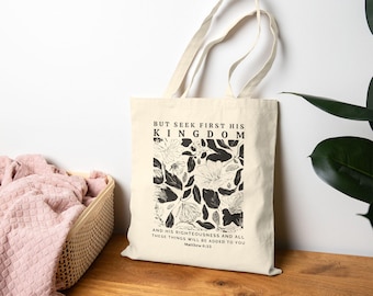 Christliche Einkaufstasche, Matthäus 6 33 Tote, minimalistischer christlicher, neutraler ästhetischer Glaube, botanischer Bibelvers