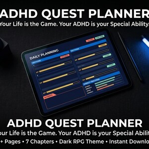 Op de afbeelding: Een digitale ADHD Quest Planner op een tablet, met een donker RPG-thema. Het scherm toont dagelijkse planningssecties en energietrackers. De tekst luidt: "Je leven is het spel. Je ADHD is je speciale vaardigheid." Bevat 86+ pagina's en 7 hoofdstukken.