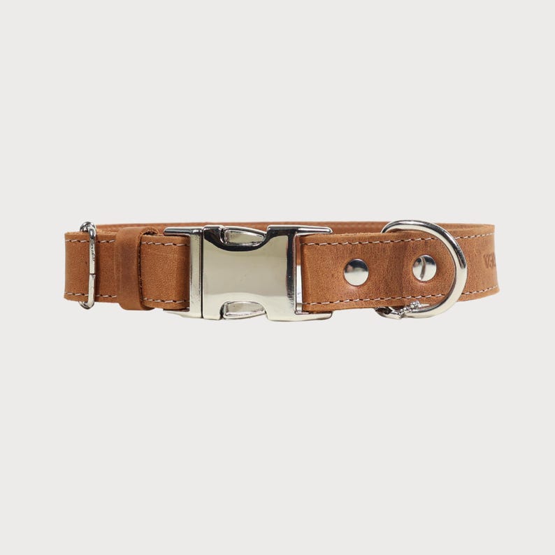 Puede incluir: Un collar de perro de cuero marr&oacute;n con una hebilla y una anilla en D de metal plateado. El collar est&aacute; hecho de cuero marr&oacute;n claro y tiene un cierre de hebilla de metal plateado. La anilla en D tambi&eacute;n es plateada.
