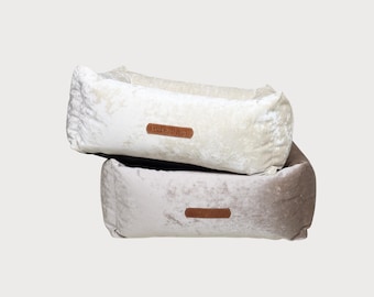 NEW Velor Dog Bed SAPPHIRE | Beige & Milk White | Hypoallergenic Pet Bed | Washable Removable Cover | Dogs and Cats | Handcrafted in Europe